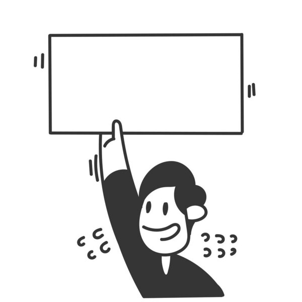 hand drawn doodle person holding blank mock up banner frame