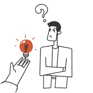 Çizim karikatüründeki kafası karışık insana büyük bir el feneri veriyor.