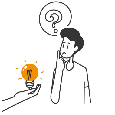 Çizim karikatüründeki kafası karışık insana büyük bir el feneri veriyor.