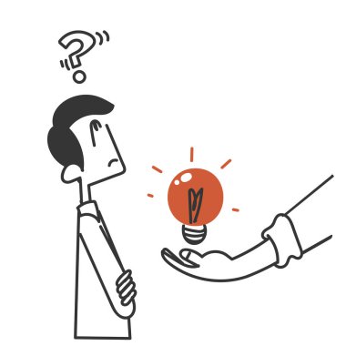 Çizim karikatüründeki kafası karışık insana büyük bir el feneri veriyor.