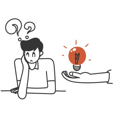 Çizim karikatüründeki kafası karışık insana büyük bir el feneri veriyor.