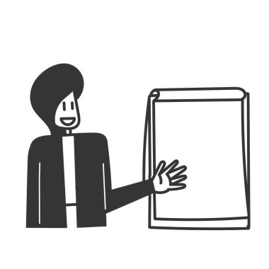 Karalama çizim karikatüründe boş tahta üzerinde sunum yapan iş adamı