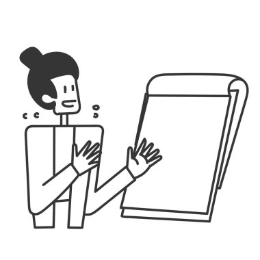 Karalama çizim karikatüründe boş tahta üzerinde sunum yapan iş adamı