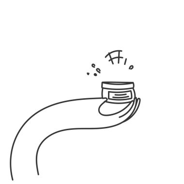 El çizimi, güzellik kremi paketini tutan el.