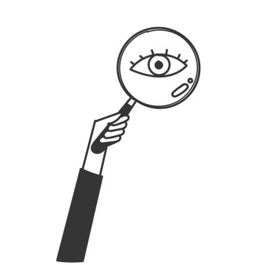 Kişi el ele tutuşup büyüteçle göz çizimi çizer.