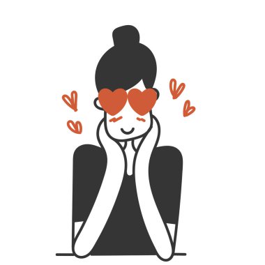 Büyük gözlü kadın karikatür çiziminde kalp jestini sever.