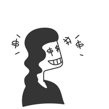 Çizgi film mutlu gülümseyen kadın dolar gözlü