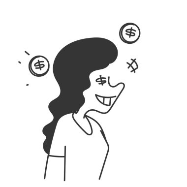 Çizgi film mutlu gülümseyen kadın dolar gözlü