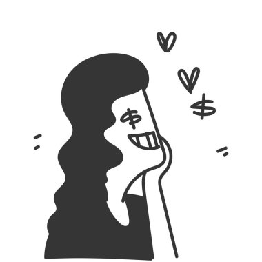 Çizgi film mutlu gülümseyen kadın dolar gözlü