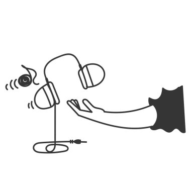 karikatür el kulaklık müzik illüstrasyonunu tutuyor