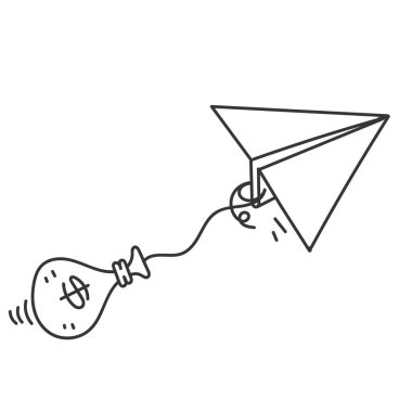 Uçan ve para çantası çizimleri taşıyan kağıt karalama uçağı