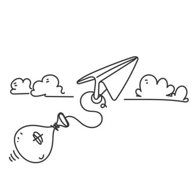 Uçan ve para çantası çizimleri taşıyan kağıt karalama uçağı