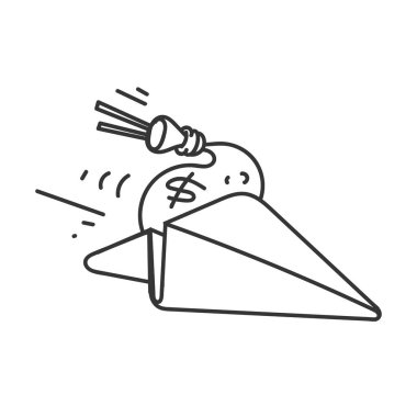 Uçan ve para çantası çizimleri taşıyan kağıt karalama uçağı