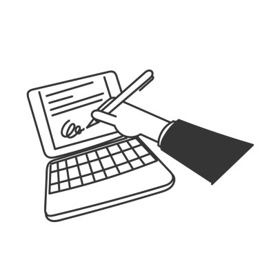 Kalemi tutan ve laptop tabletindeki belgeye imza atan karalama el yazısı