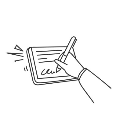 Kalemi tutan ve laptop tabletindeki belgeye imza atan karalama el yazısı