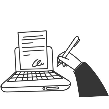 Kalemi tutan ve laptop tabletindeki belgeye imza atan karalama el yazısı