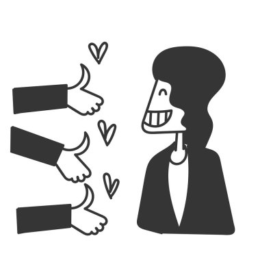 Çizgi filmci, gülümseyen iş kadınına baş parmağını veriyor.