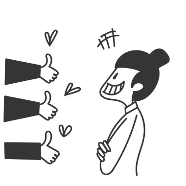 Çizgi filmci, gülümseyen iş kadınına baş parmağını veriyor.