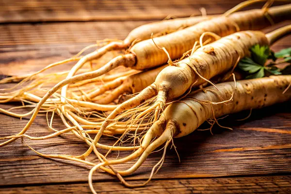 Ahşap masa üzerinde bir sürü taze ginseng kökü, üst manzara, yakın çekim. Üretici Yapay Zeka ile oluşturuldu