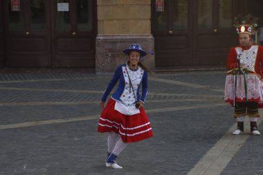 Basque folk dancers in a street festival in the old town of Bilbao, capital of Biscay, Basque province of Spain