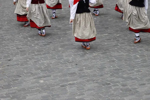 stock image Basque folk dance exhibition in an outdoor festival