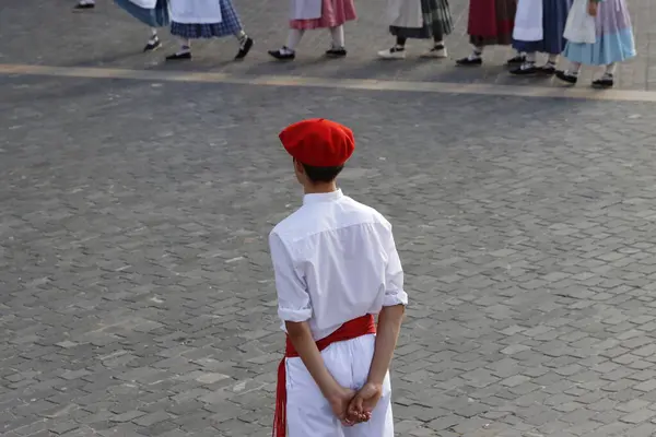 stock image Basque folk dance exhibition in an outdoor festival