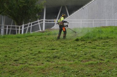 Sokakta çimleri kesen adam, maske takıp koruyucu ekipman kullanıyor.