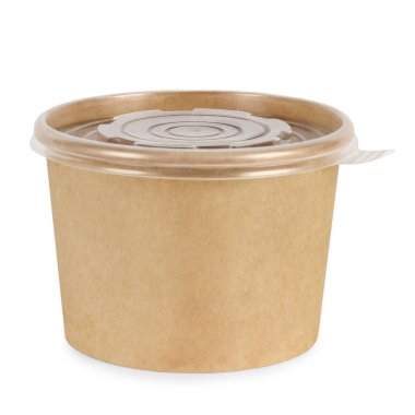 Beyaz arka planda izole edilmiş çorba için kapaklı kahverengi kağıt bardak.