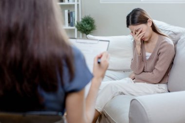 Women have mental symptoms illnesses and depression. meet psychiatrist to treat his illness. Female patient depression therapy psychologist.