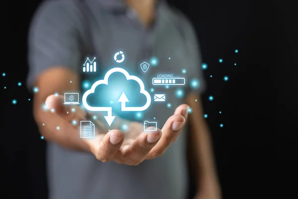 Concept of data cloud computing. Cloud appear on hand businessman. analysis technology. connect devices information technology server innovation virtual. security data storage.