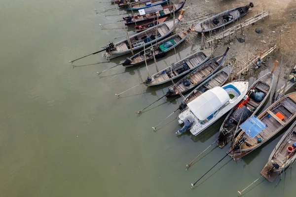 stock image Local fishing pier, Andaman coast of Thailand. fisherman harbor. Fishing boats of villagers Parked at pier. aerial view, top view.