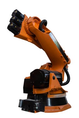 Robot kolu beyaz arka planda izole edildi, kırpma yolu. Robotik makine endüstrisi otomat üreten fabrika.