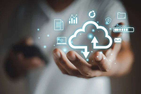 Concept of data cloud computing. Cloud appear on hand businessman. analysis technology. connect devices information technology server innovation virtual. security data storage.