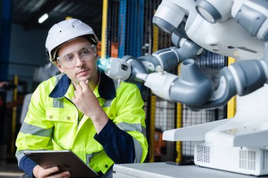 İnsan mühendisi, Teblet Kontrol Robotu Kol Otomatiği kullanıyor. Endüstriyel üretim sırasında robot otomasyonu. Fabrikada robotik test performansı.