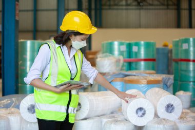 Kadın profesyonel işçi depo lojistik deposunda stok ürünlerini kontrol etmek için tablet kullanıyor. Kadın çalışan listesi paket teslim fabrikası.