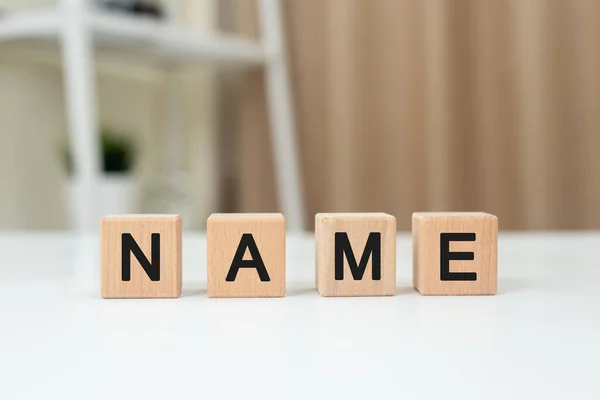 Nama Kata Pada Balok Kubus Kayu Nama Pesan Alfabet Pada — Stok Foto