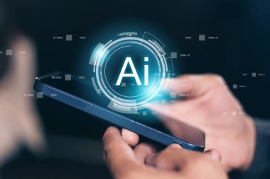 AI bağlantı ağı verileri, iş bilgileri geliştirme teknolojisi ve dijital geleceği olan akıllı telefon kullanan bir adam. yazılım, yenilik, internet, iletişim, uygulama, dönüşüm.