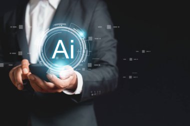 AI ağ verisi, iş bilgisi geliştirme teknolojisi ve dijital geleceği olan akıllı telefon kullanan bir iş adamı. Yapay Zeka kavramı.