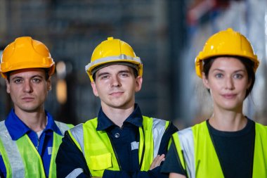 Team engineering worker technician, workshop manufacturing, Teamwork in industry factory. group professional technician industrial.