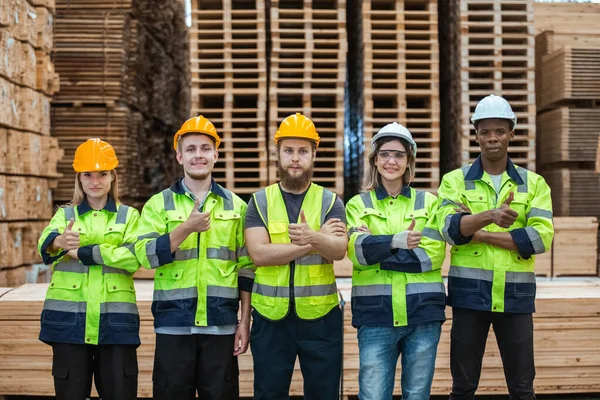 木製倉庫の企業の工場のチームワークを製造するチーム工学労働者の技術者 研修会 木材のグループの専門の技術者産業 ストック画像