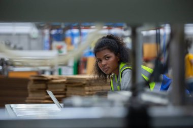 Çalışan kadın Amerikalı Afrikalı, dizüstü bilgisayar kalitesi ve kağıt stok ürünü kullanıyor. Kağıt üretim hattındaki büyük endüstri.