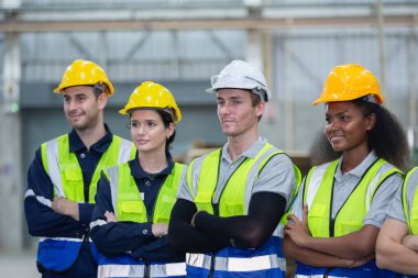 Team engineering worker technician, workshop manufacturing, Teamwork in industry factory. group professional technician industrial.