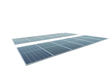 Güneş pili fotovoltaik panelleri beyaz arkaplanı izole etti. Çatıda yenilenebilir enerji çözeltisi teknolojisi. Doğadan elde edilen elektrik enerjisi güneş ışığı temiz yenilenebilir enerji.