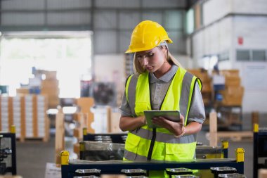 Kadın profesyonel, tablet kalitesinde araç parçalarını depoda kontrol ediyor. Denetmen ithalat-ihracat taşımacılığı, lojistik işletme fabrikası konsepti.