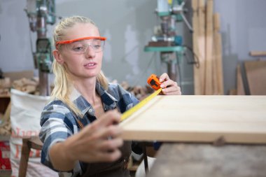 Genç marangoz kadınlar fiyonkçulukta mobilya yaparken, tahta görünümlü mezura kullanırlar. Ahşap fabrikasında zanaatkarlık mesleği. profesyonel mobilya ahşabı.