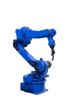 Robot kolu beyaz arka planda izole edildi, kırpma yolu. Robotik makine endüstrisi otomat üreten fabrika.