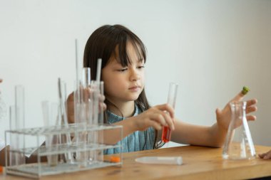 Çocuklar sınıf eğitimi deneyi laboratuvar fen öğrencisi deney deney deney şişesi kimyası keşfi öğrenme araştırması.