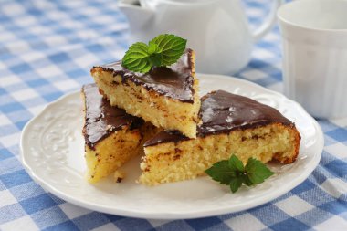 Nane şekeriyle süslenmiş beyaz tabakta bir parça ev yapımı kek..