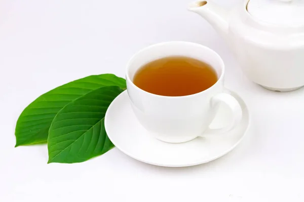 Mitragyna Speciosa Korth Kratom Tea White Cup Wtih Green Leaf — Stock Photo, Image