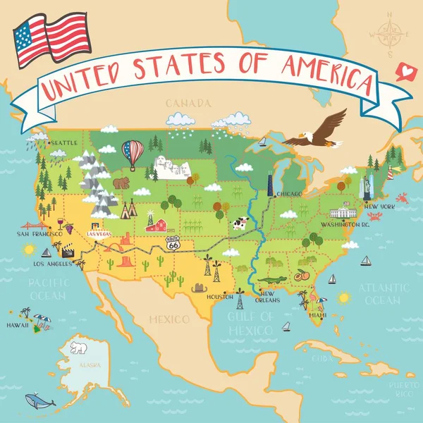 アメリカのイラストマップ ランドマーク付きの手描きマップ — ストック写真